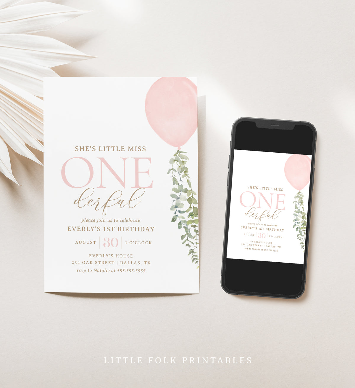Editable Little Miss Onederful Pink Balloon Birthday Party Invitation Template