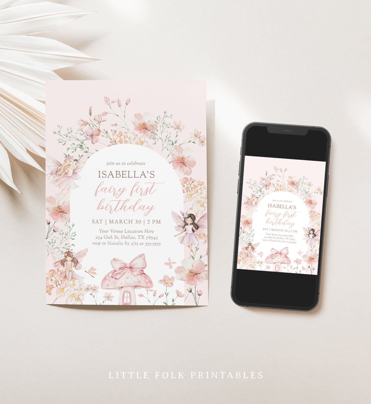 Editable Pink Fairy 1st Birthday Invitation Template