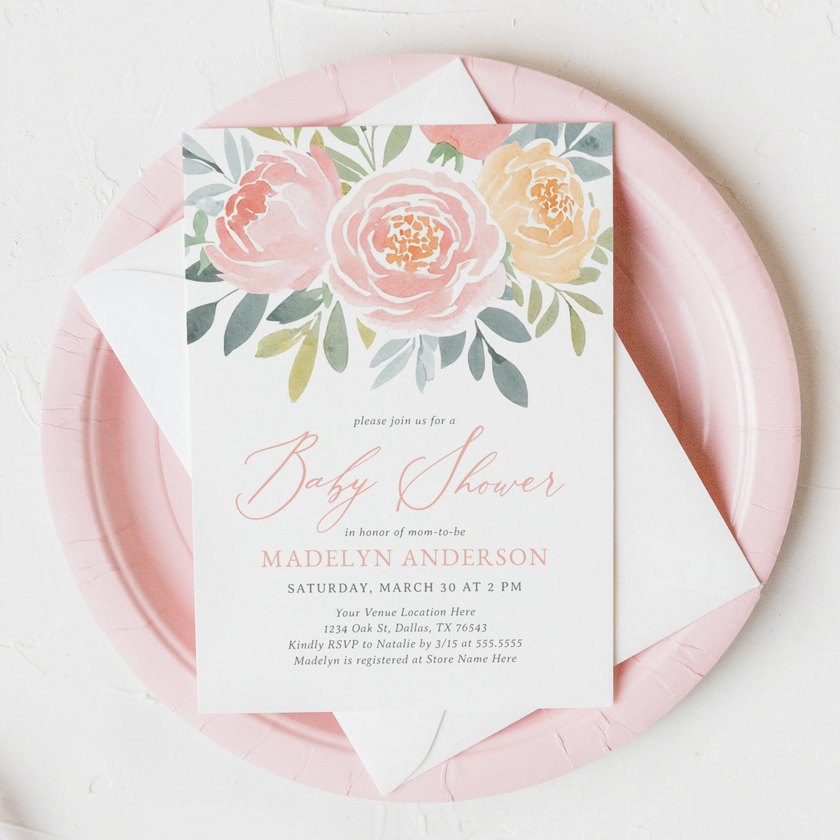 Blush and Peach Floral Baby Shower Invitation