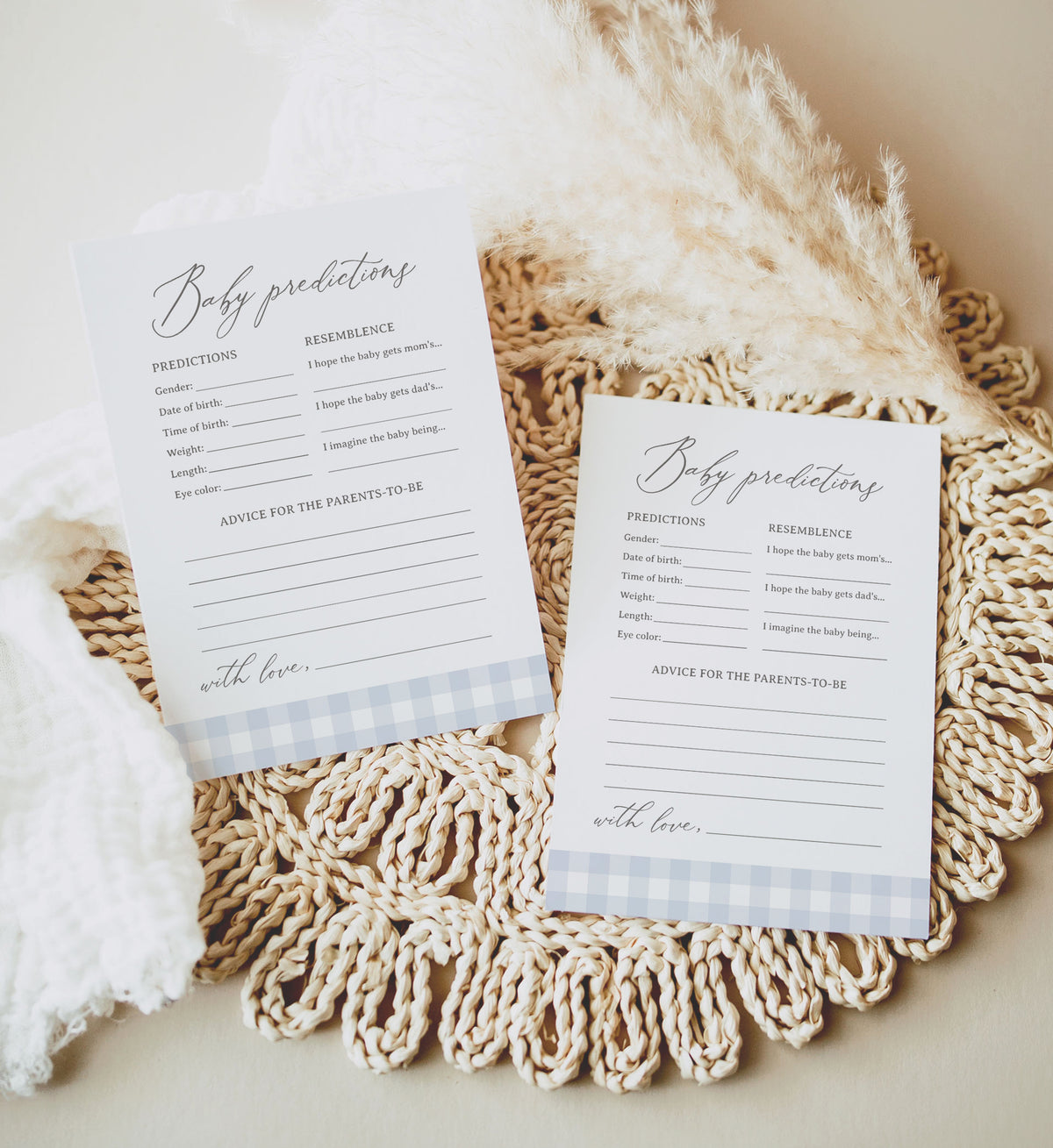 Editable Blue Gingham Baby Shower Predications and Advice Template