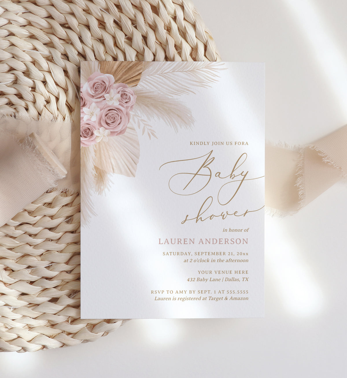Pink Floral Pampas Grass Baby Shower Invitation Template