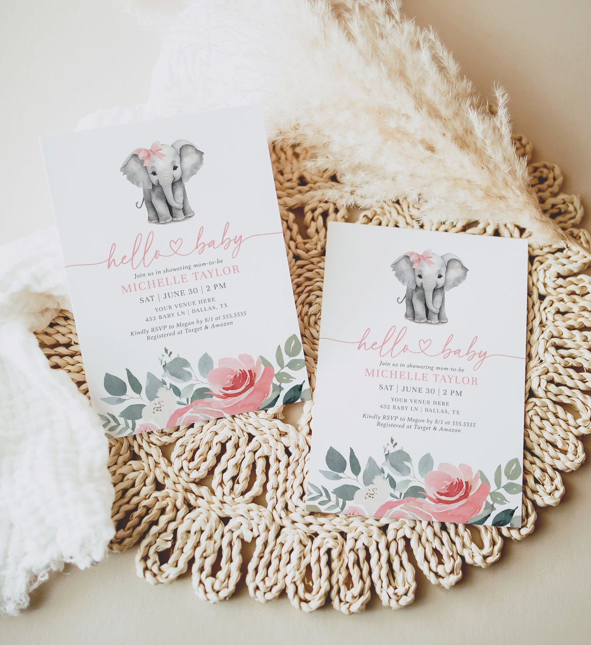 Pink Floral Elephant Baby Shower Invitation