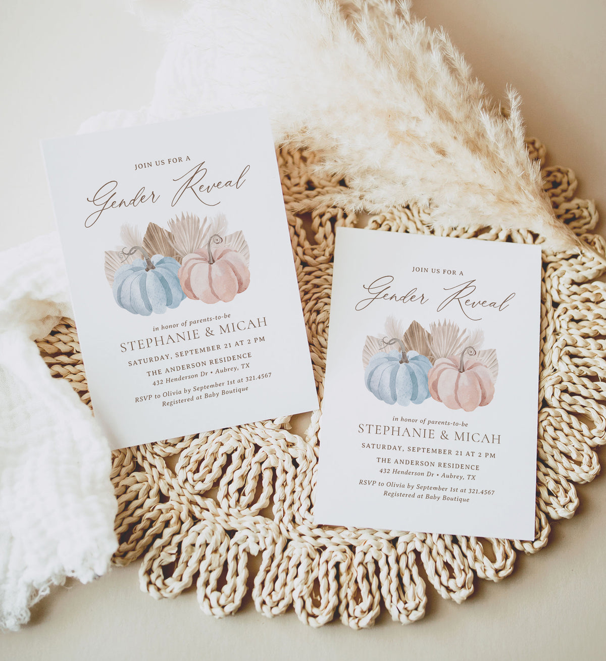 Blue and Pink Pumpkin Gender Reveal Invitation Template