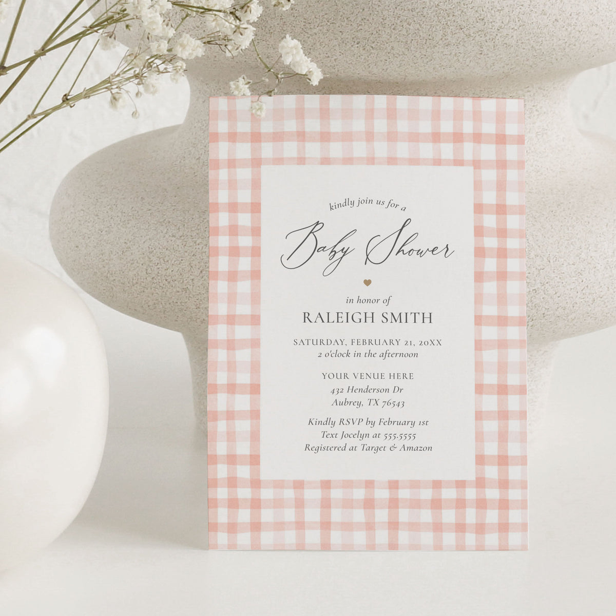 Editable Pink Watercolor Gingham Baby Shower Invitation Template