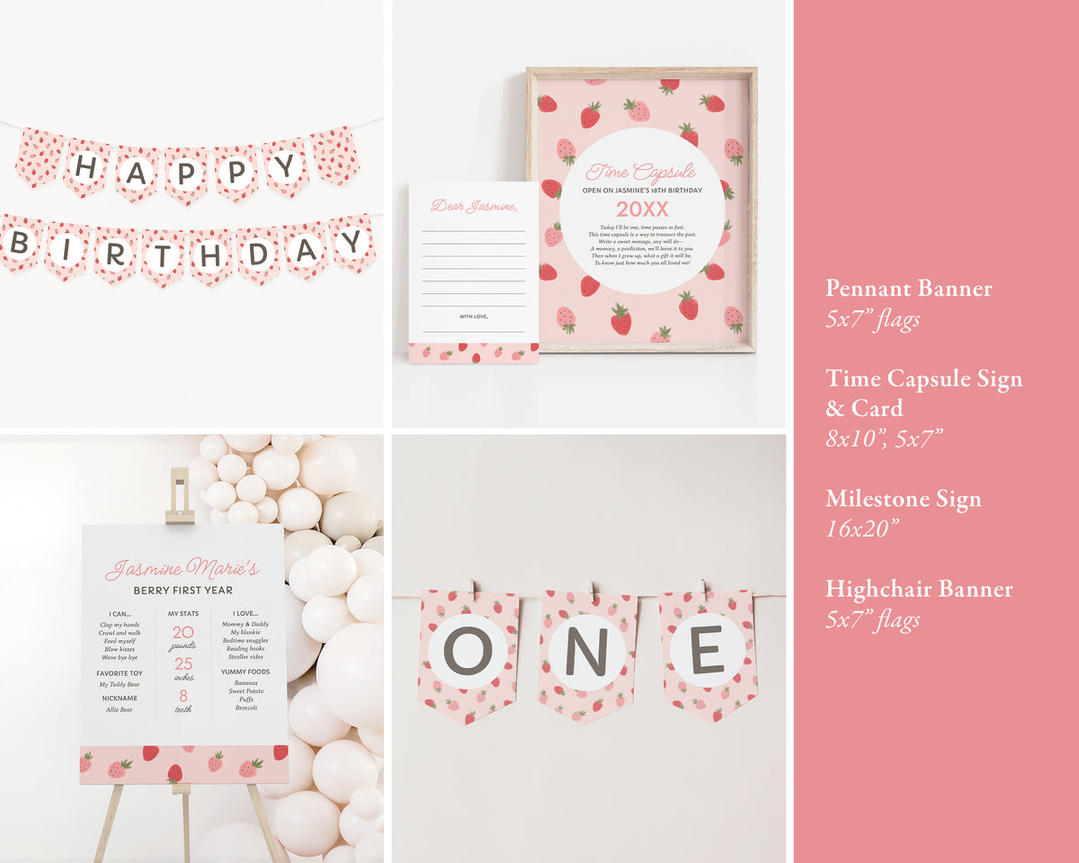 Editable Strawberry 1st Birthday Bundle