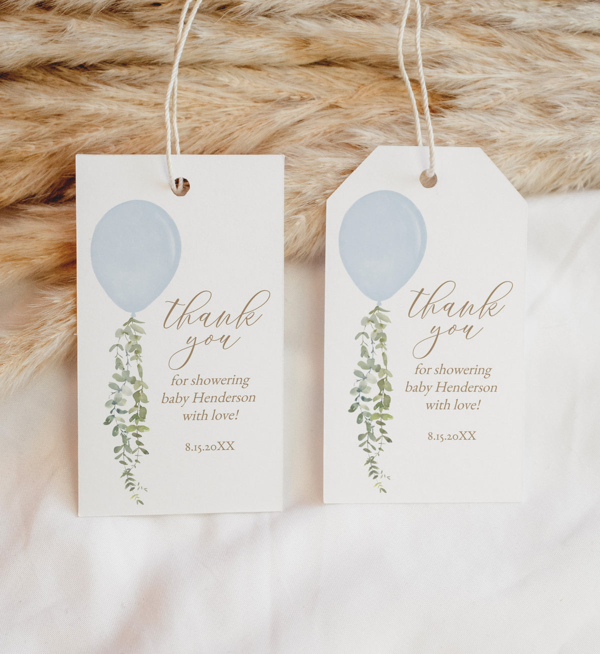 Editable Blue Balloon Baby Shower Rectangle Favor Tag Template