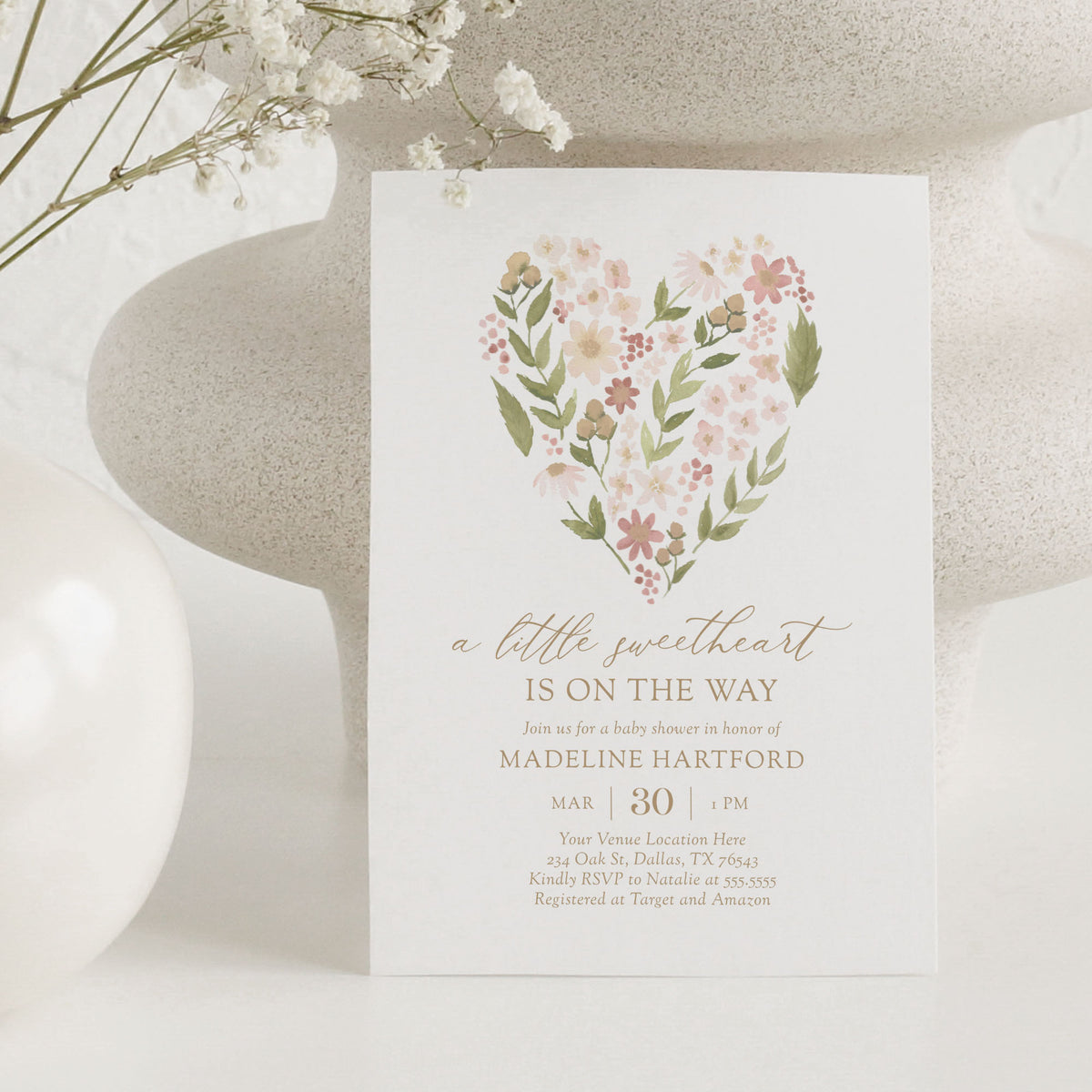 Little Sweetheart Floral Heart Baby Shower Invitation