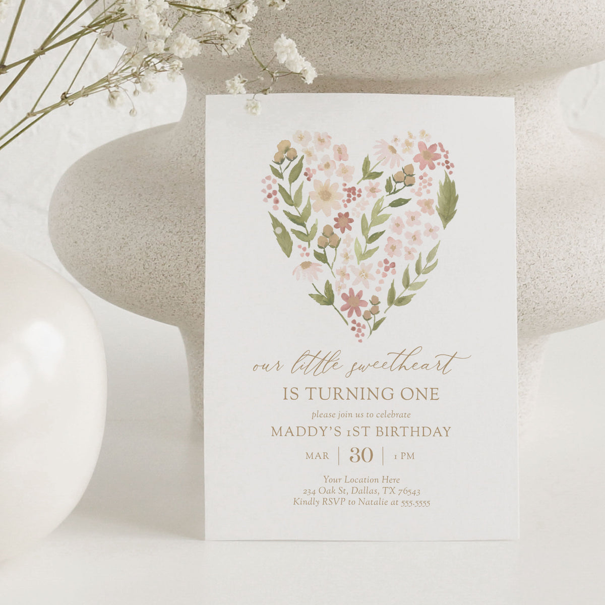 Little Sweetheart Floral Heart Birthday Invitation