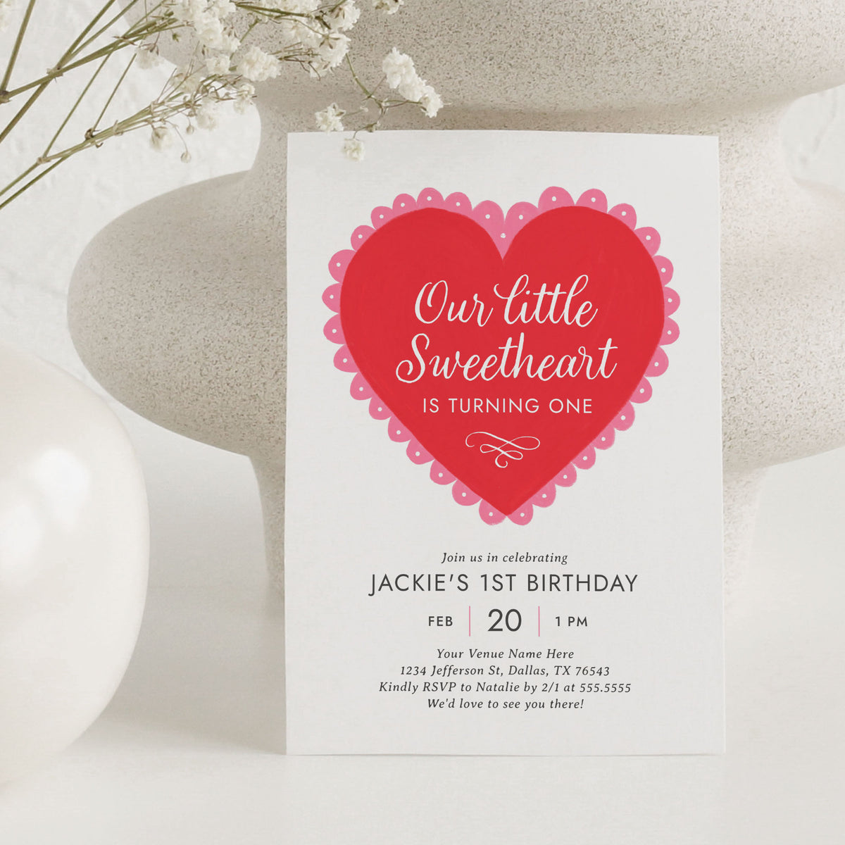Little Sweetheart Red Lace Heart Birthday Invitation