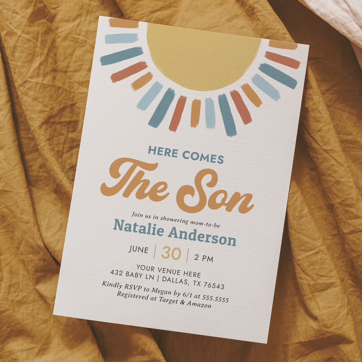 Retro Here Comes the Son Baby Shower Invitation Template