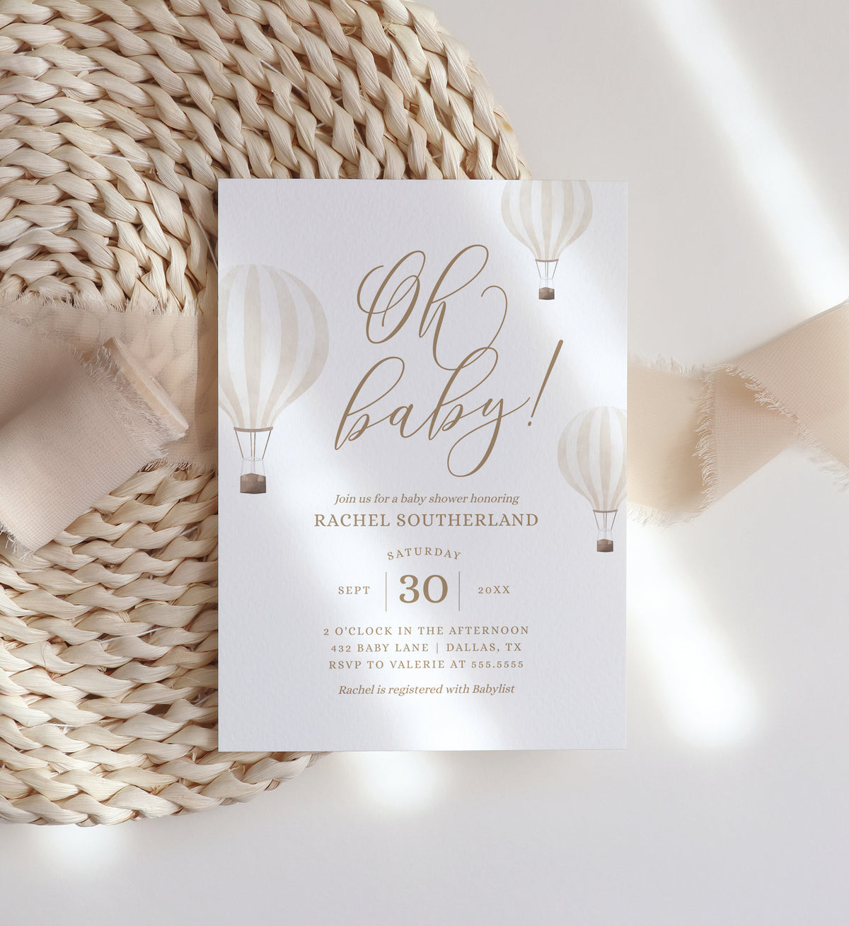 Editable Beige Hot Air Balloon Baby Shower Invitation Template
