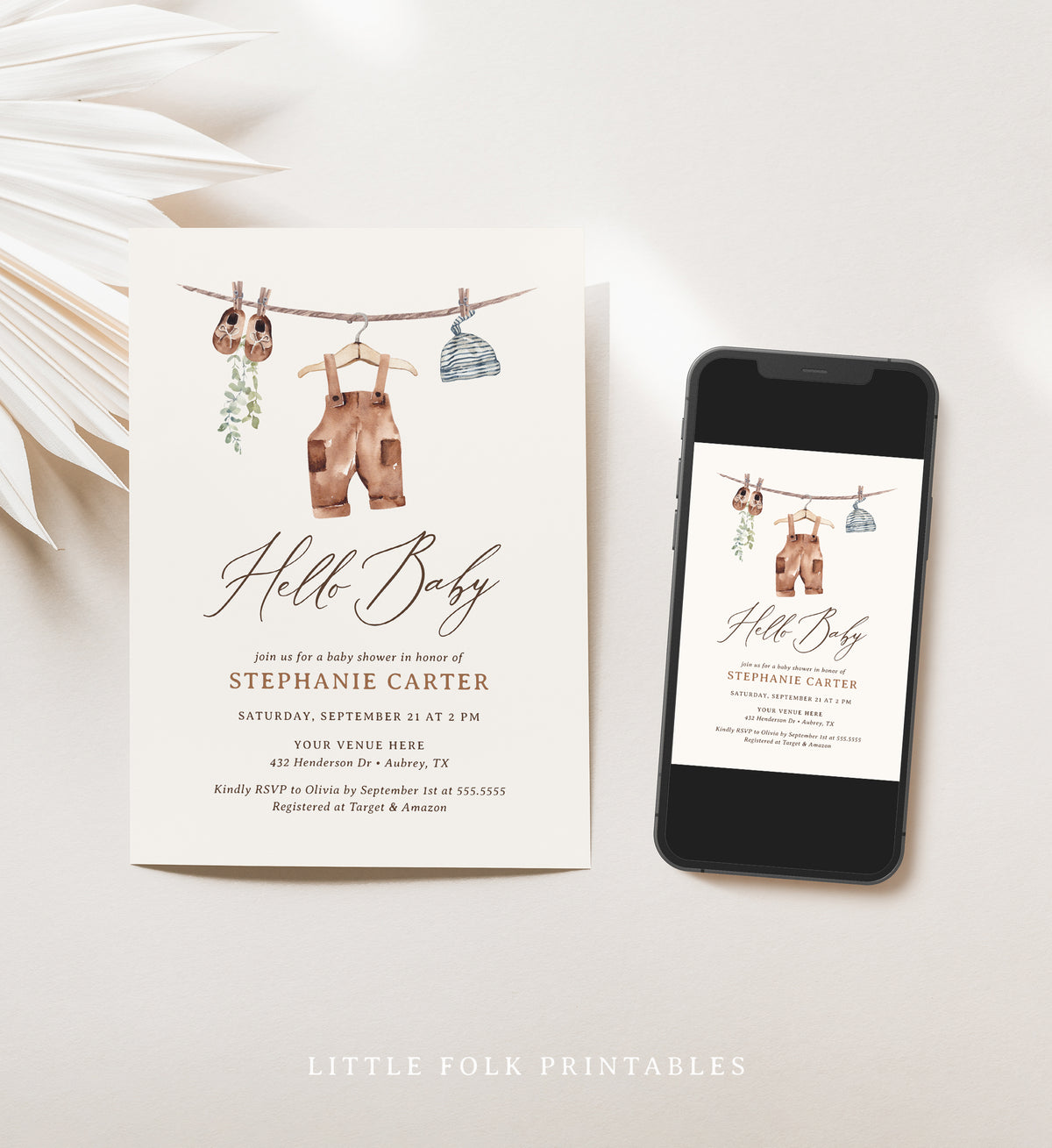 Editable Boho Boy Baby Clothes Baby Shower Invitation Template