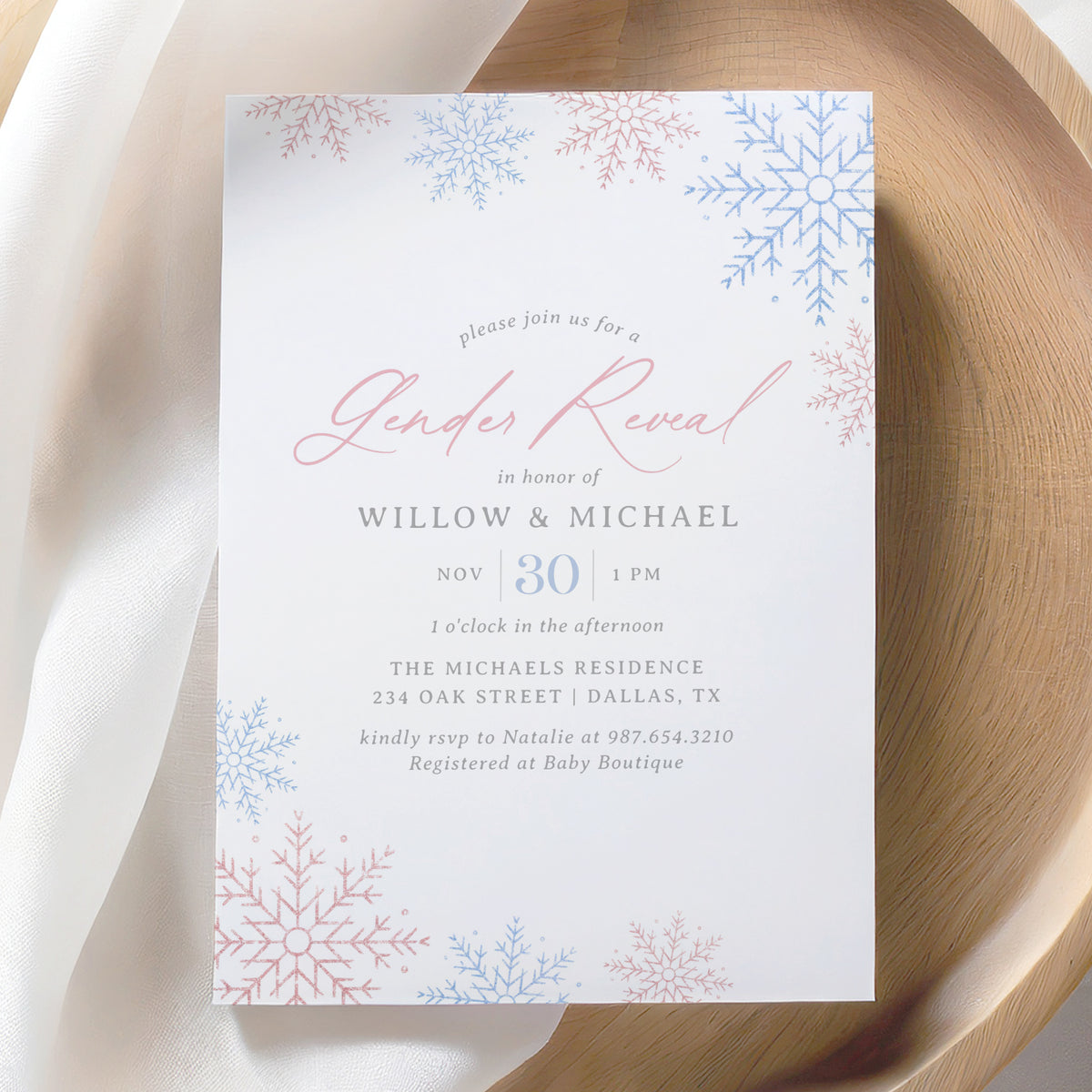 Editable Winter Snowflake Gender Reveal Invitation Template