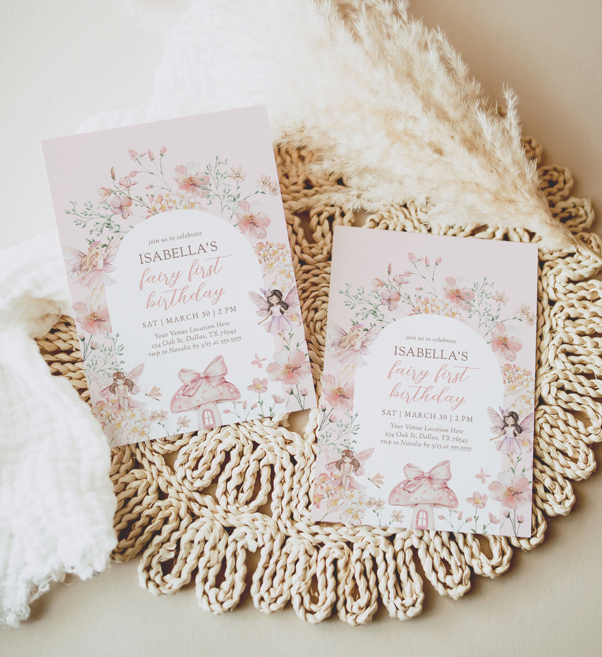 Editable Pink Fairy 1st Birthday Invitation Template