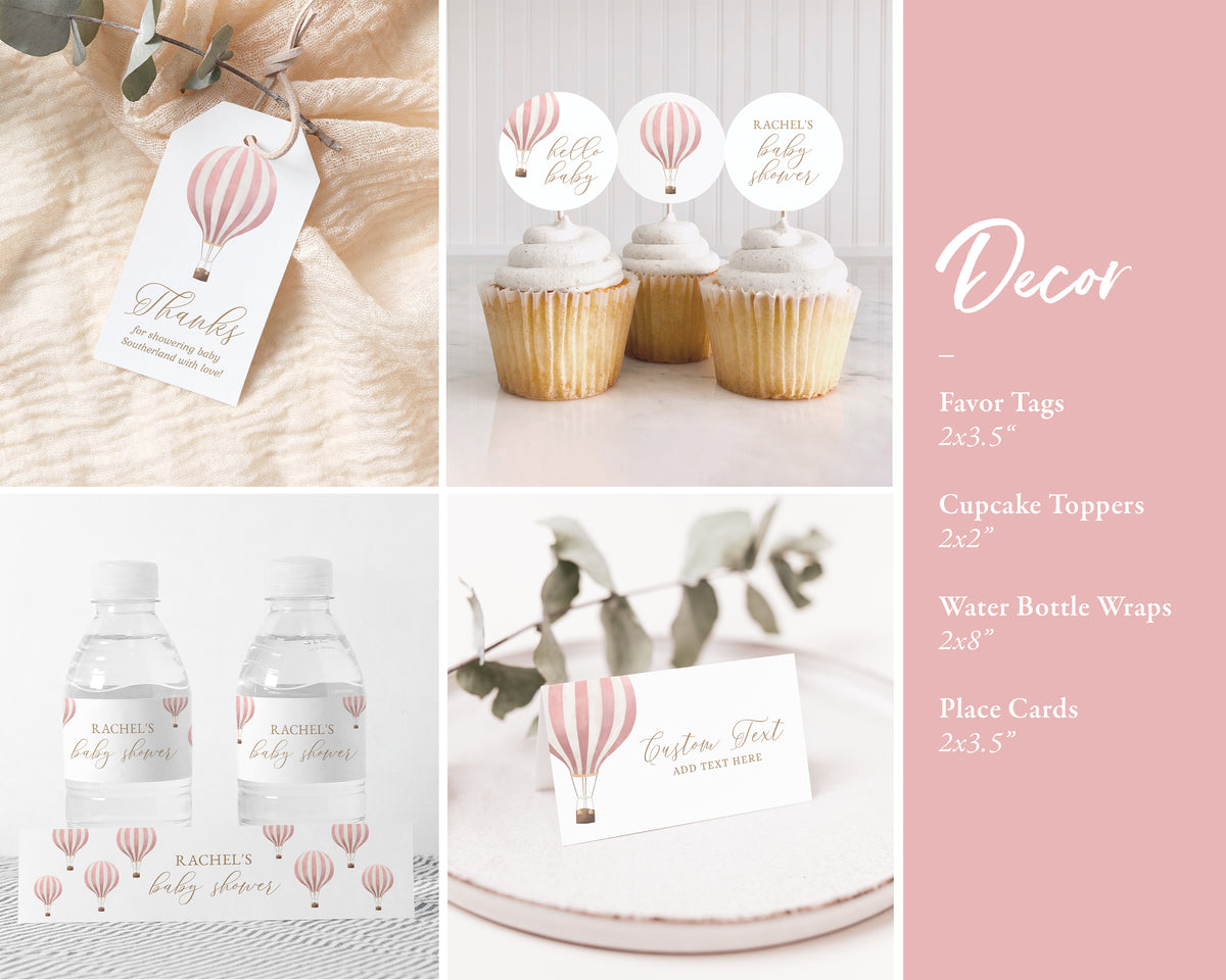 Editable Pink Hot Air Balloon Baby Shower Invitation Bundle