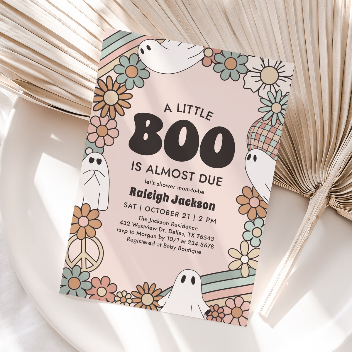 Little Boo Retro Ghost Baby Shower Invitation Template (Pink)