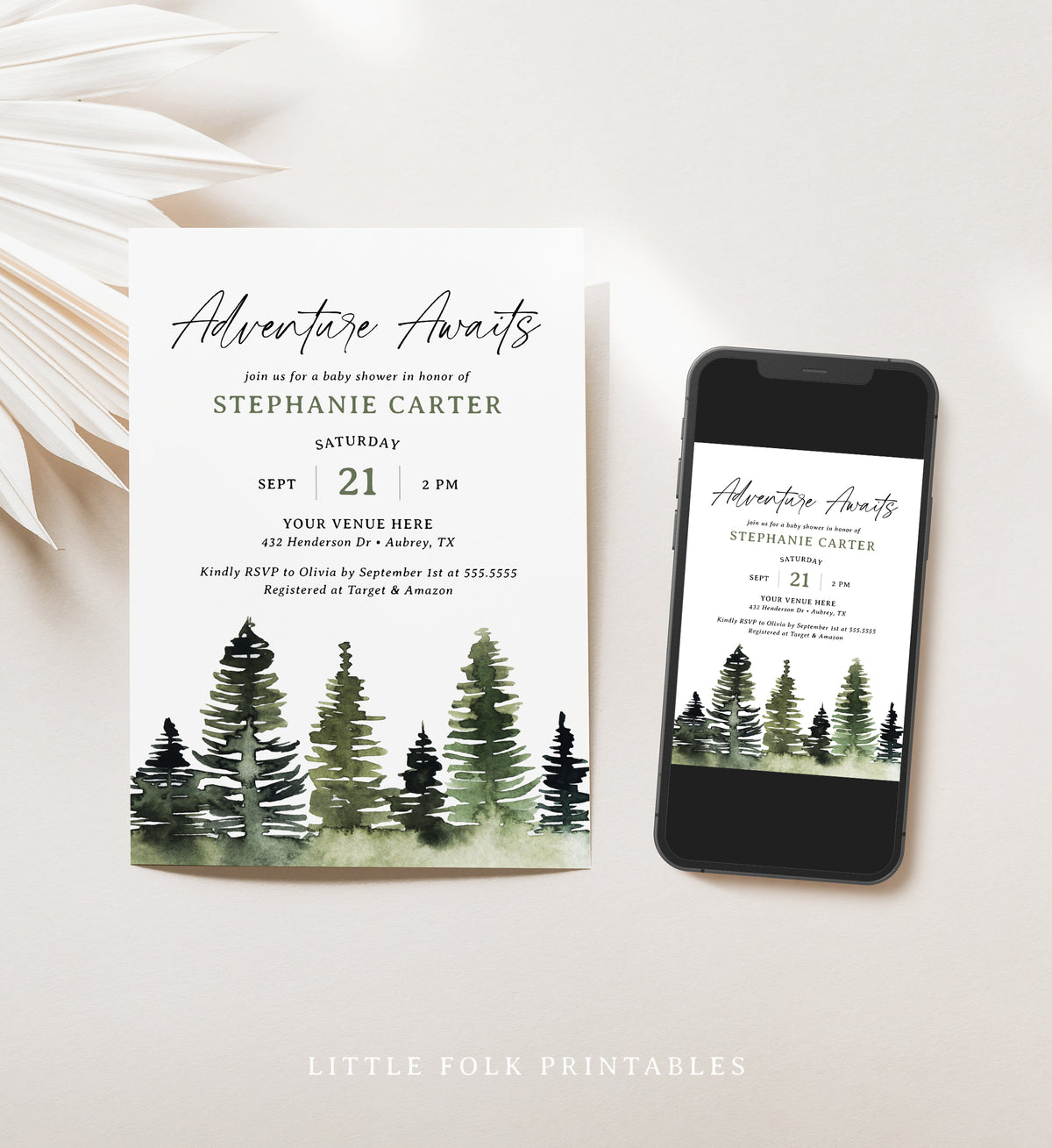 Watercolor Pine Tree Baby Shower Invitation Template