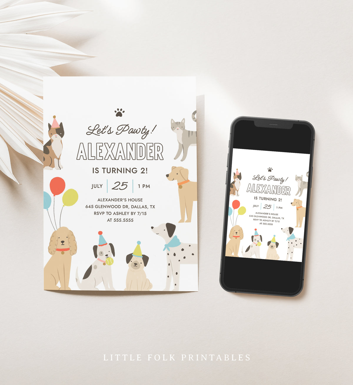 Editable Cats and Dogs Birthday Party Invitation Template