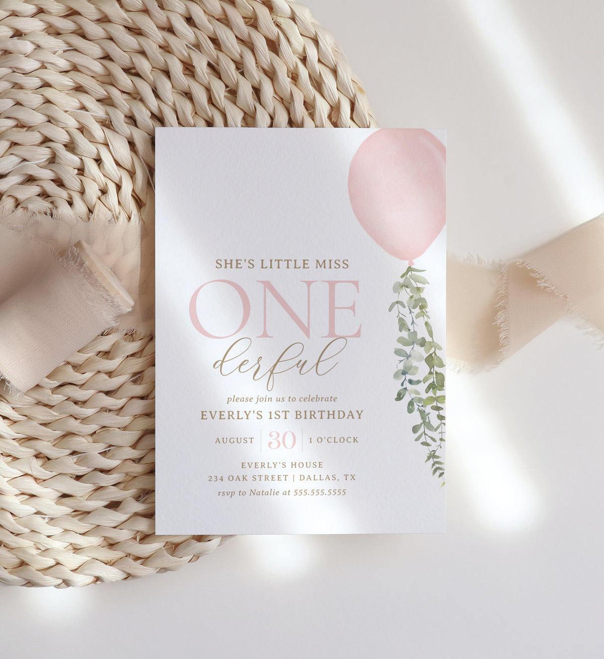 Editable Little Miss Onederful Pink Balloon Birthday Party Invitation Template