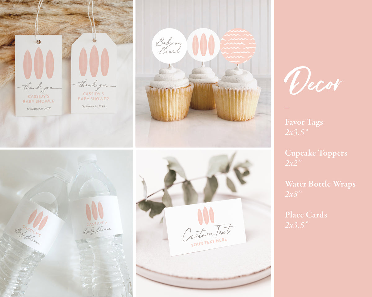 Editable Pink Surfboard Baby Shower Invitation Bundle