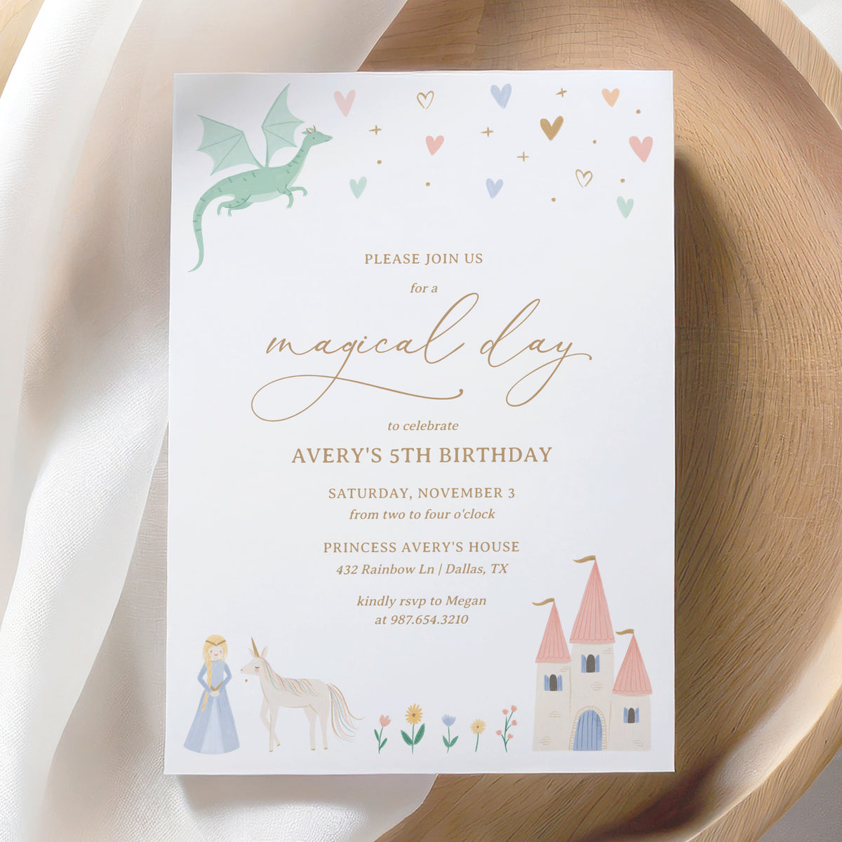 Editable Princess Dragon Birthday Party Invitation Template