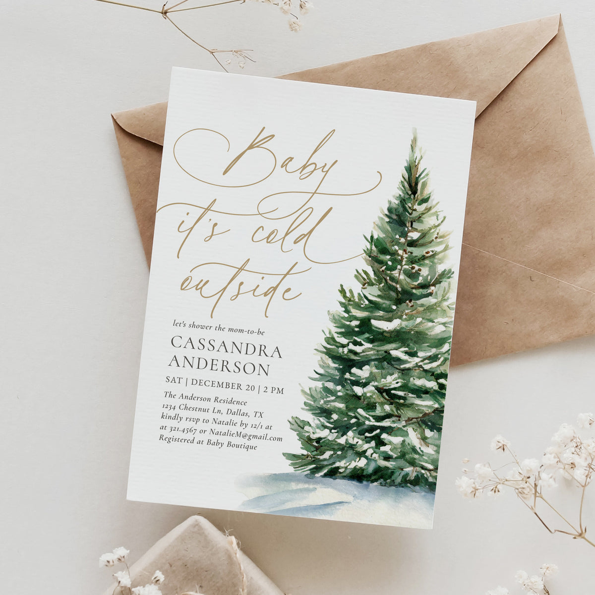 Editable Winter Christmas Tree Baby Shower Template