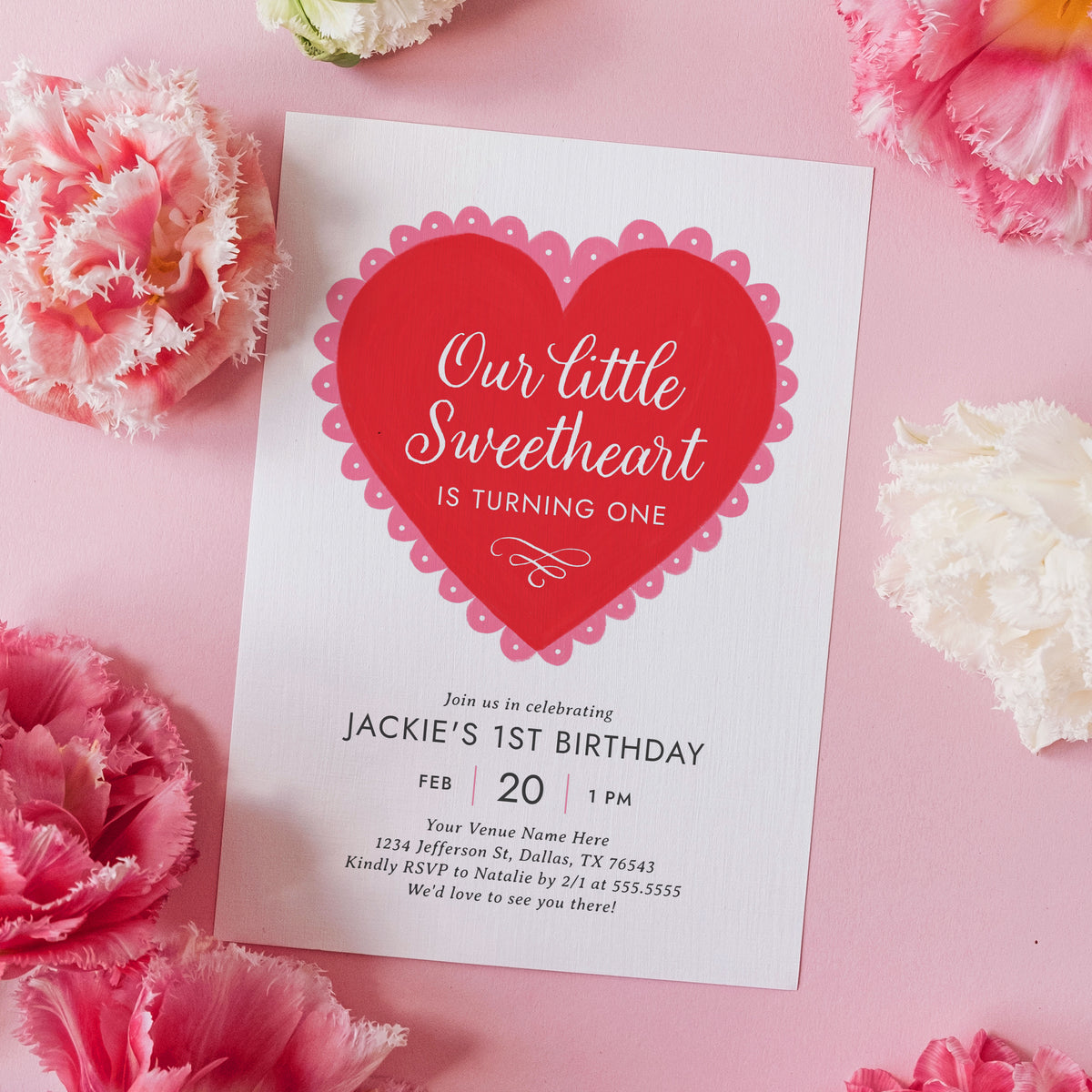 Little Sweetheart Red Lace Heart Birthday Invitation