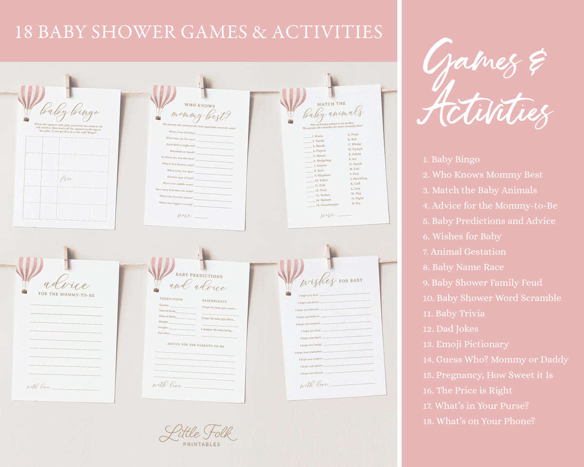 Editable Pink Hot Air Balloon Baby Shower Invitation Bundle
