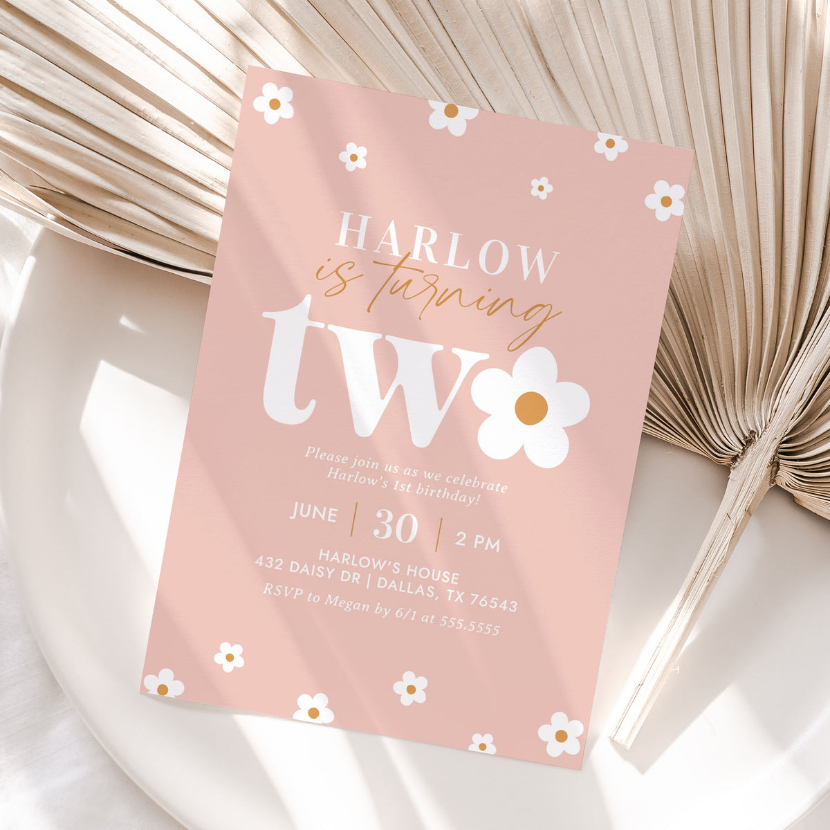 Editable Pink Daisy 2nd Birthday Invitation Template