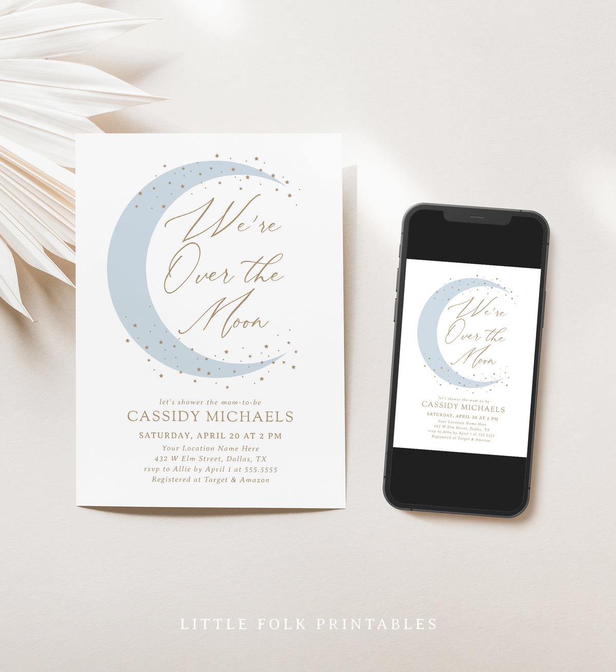 Editable Blue Over the Moon Baby Shower Invitation Template