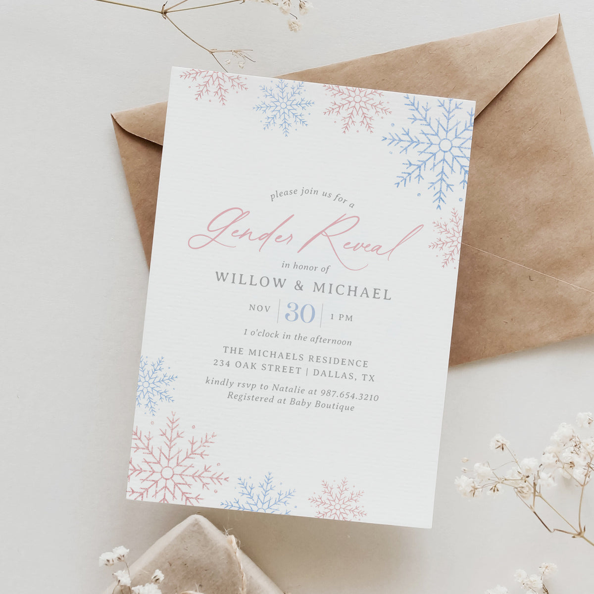 Editable Winter Snowflake Gender Reveal Invitation Template