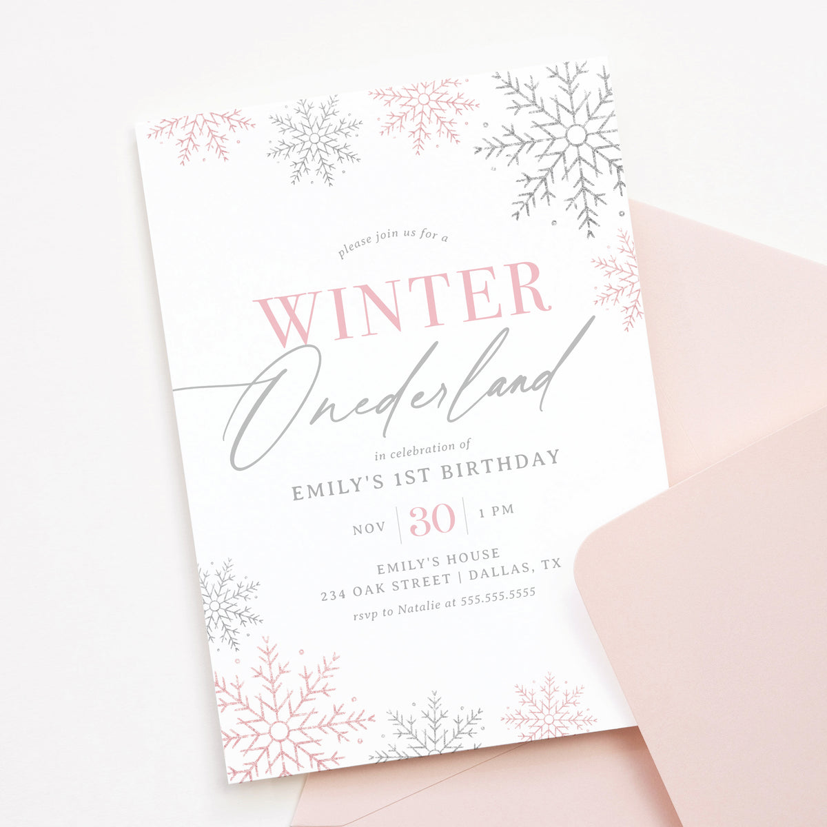 Editable Pink Winter Onederland Birthday Party Invitation Template