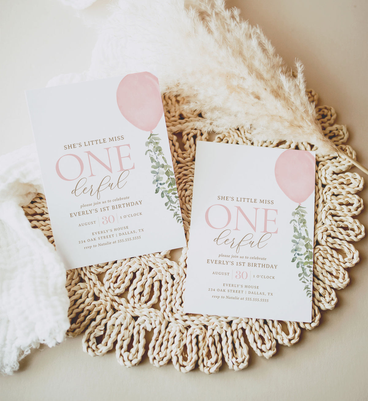 Editable Little Miss Onederful Pink Balloon Birthday Party Invitation Template