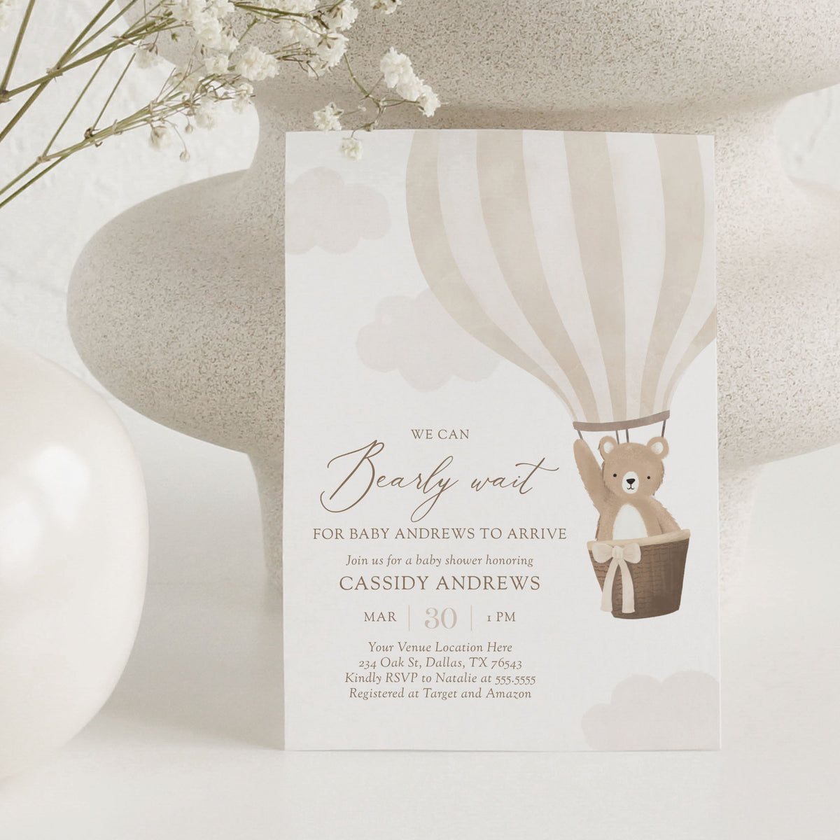Editable Neutral Teddy Bear Hot Air Balloon Baby Shower Invitation Template
