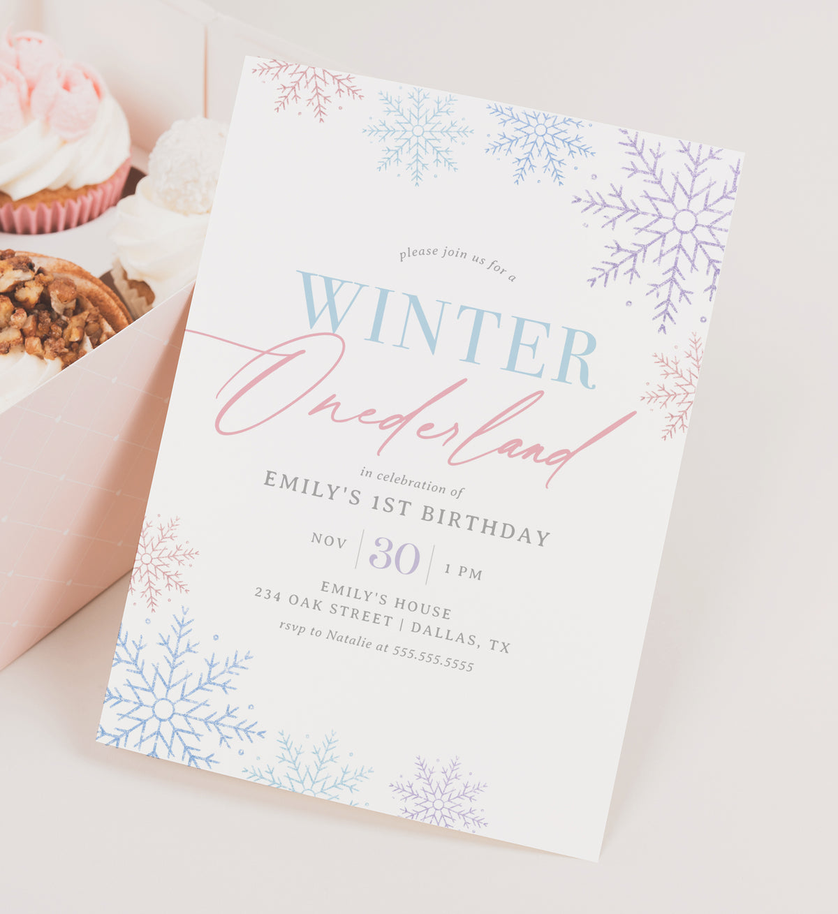 Editable Winter Onederland Snowflake Birthday Invitation Template