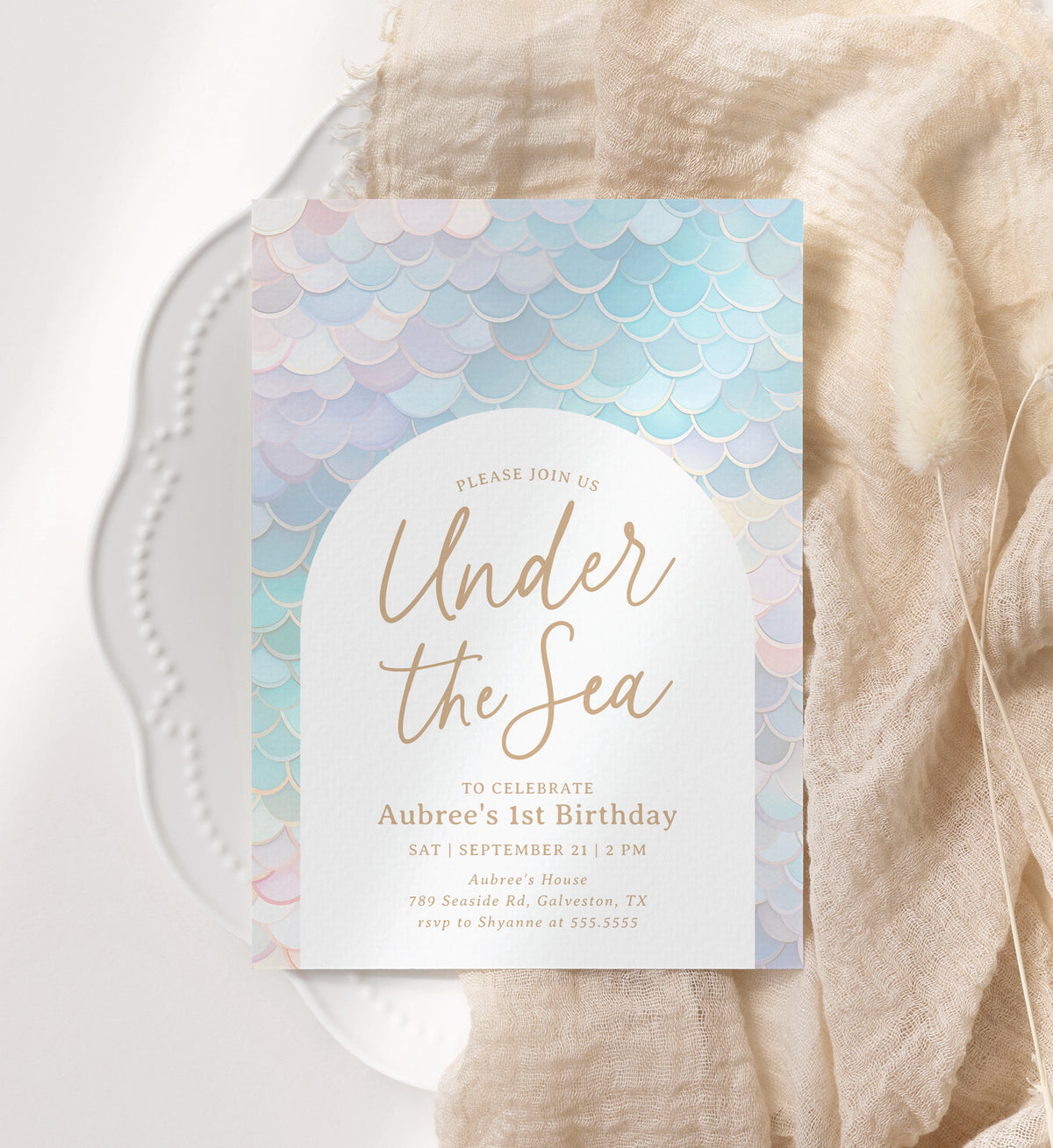 Editable Mermaid Scales Birthday Invitation Template (Under the Sea)