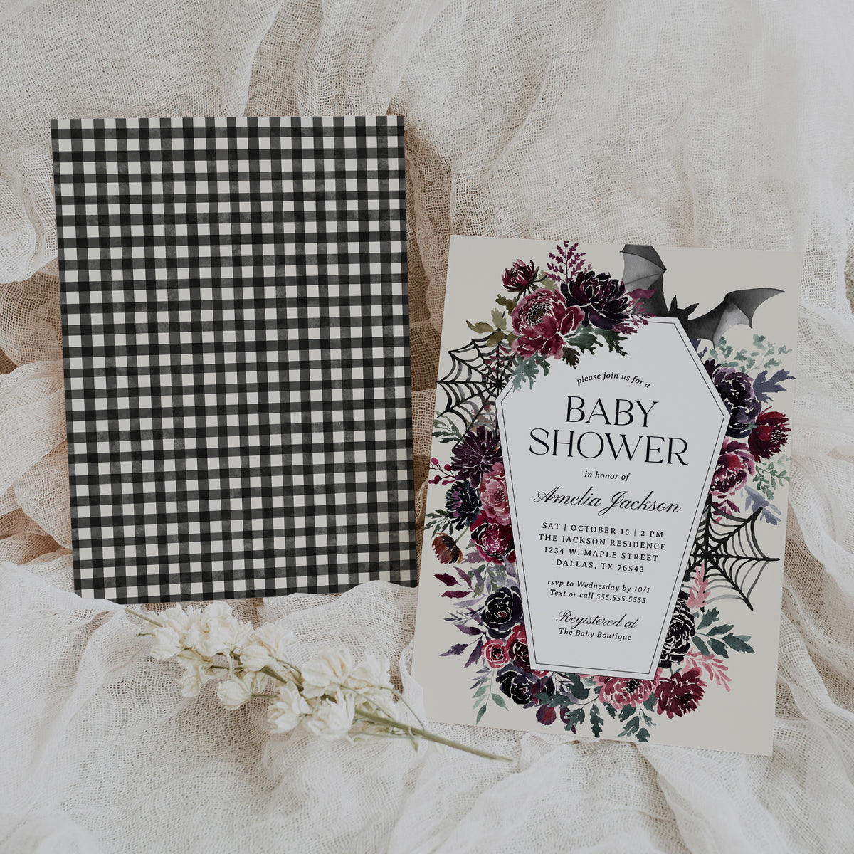 Floral Coffin Halloween Baby Shower Invitation Template