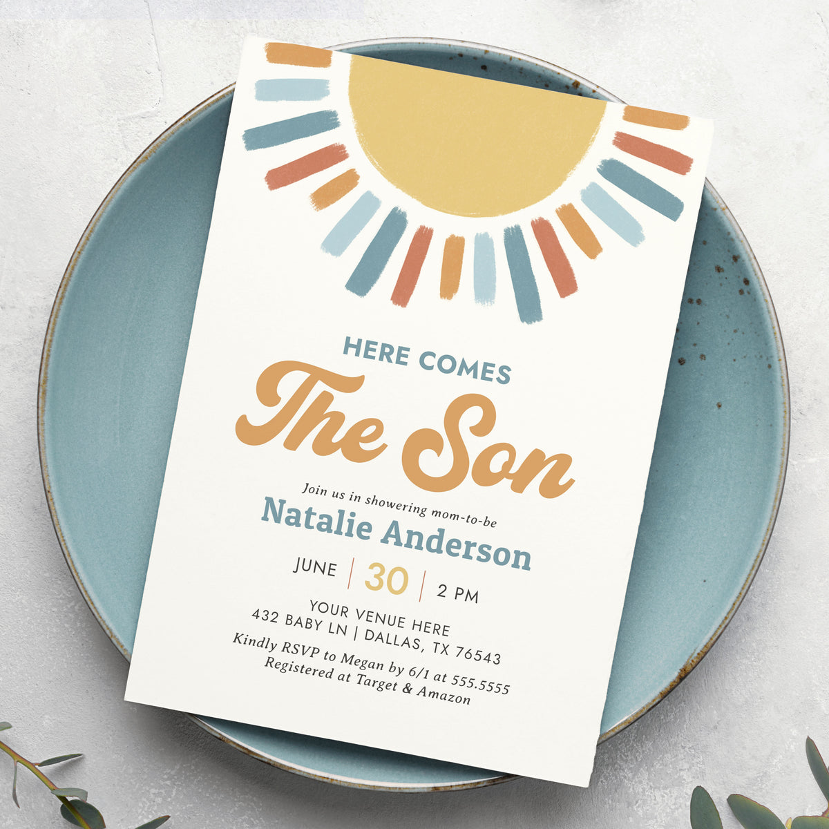 Retro Here Comes the Son Baby Shower Invitation Template