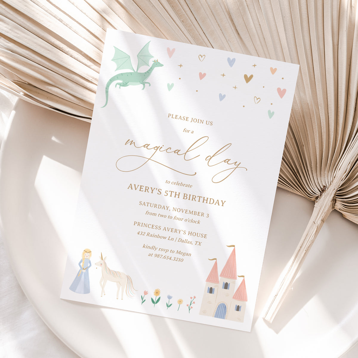 Editable Princess Dragon Birthday Party Invitation Template