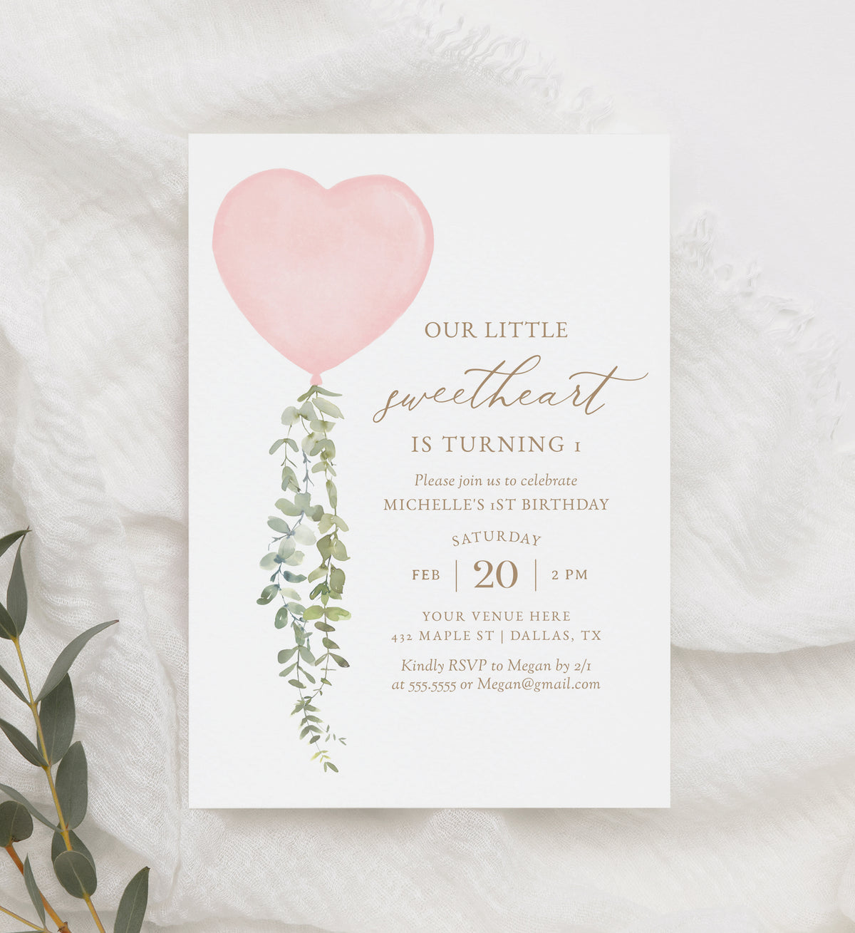 Little Sweetheart Pink Balloon Birthday Invitation