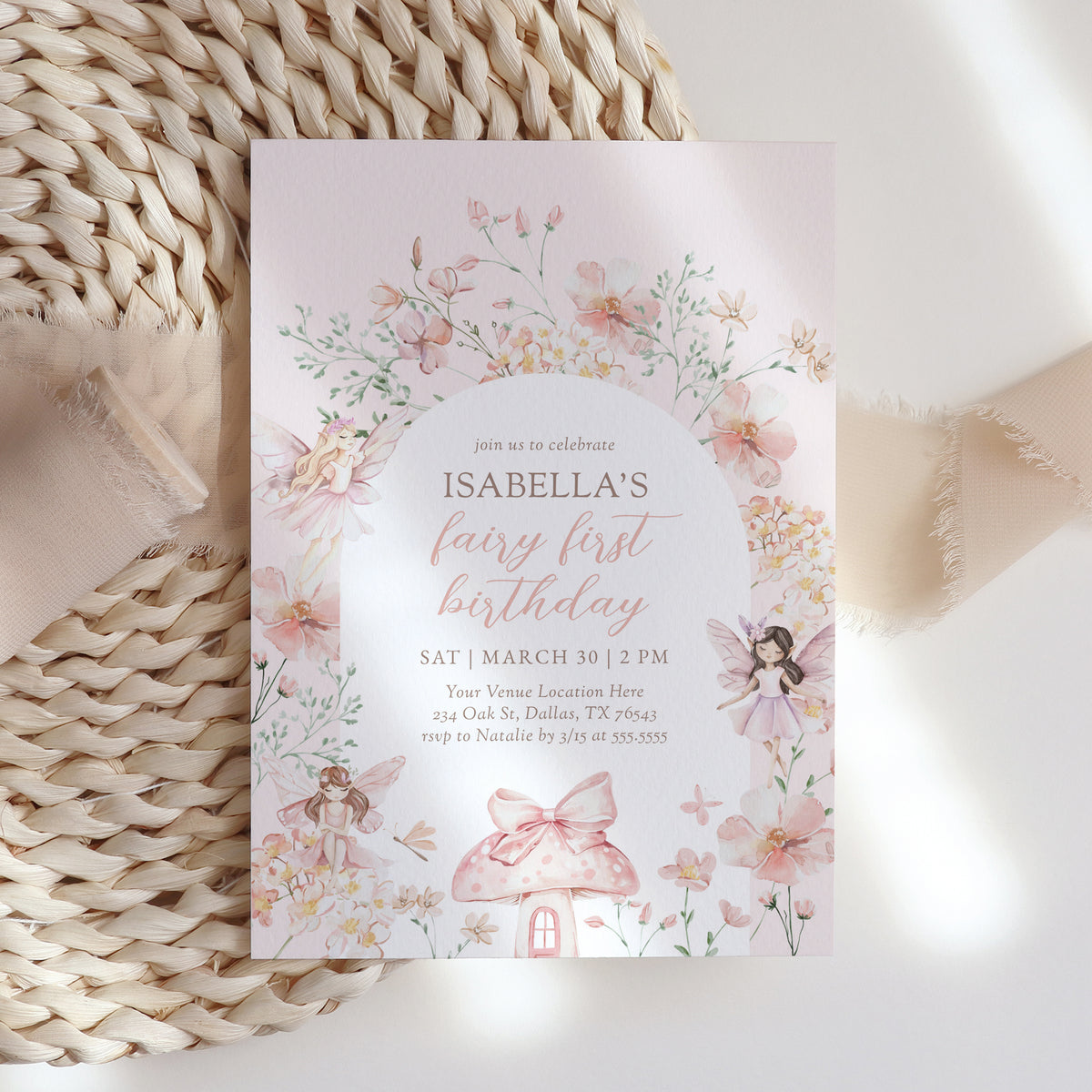 Editable Pink Fairy 1st Birthday Invitation Template