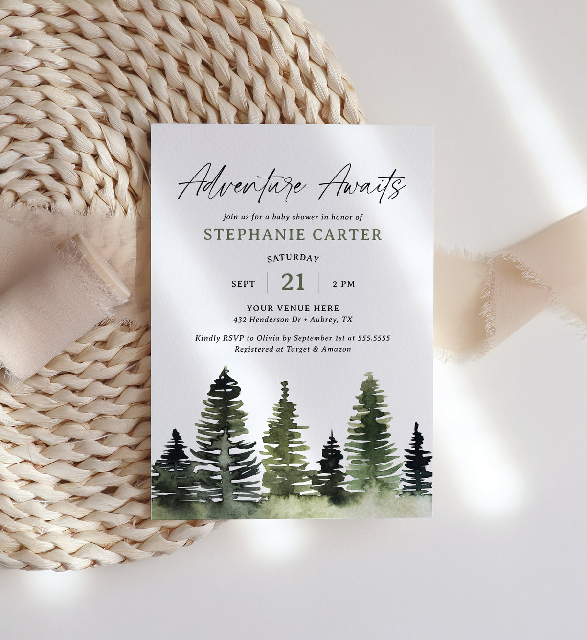Watercolor Pine Tree Baby Shower Invitation Template