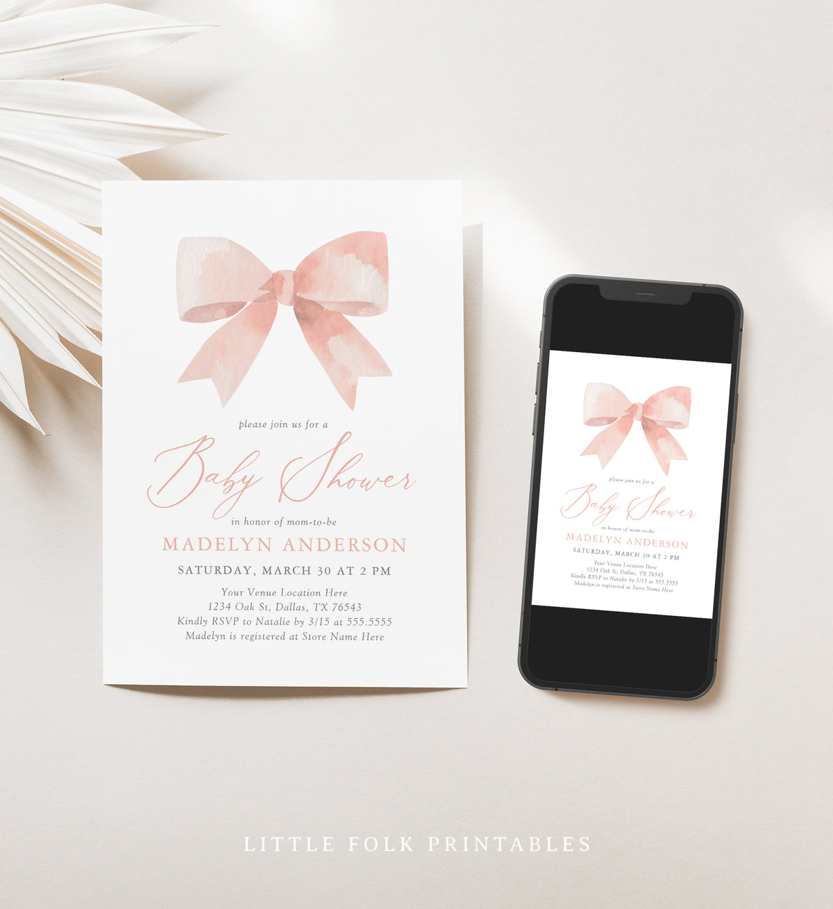 Editable Pink Bow Baby Shower Invitation Template