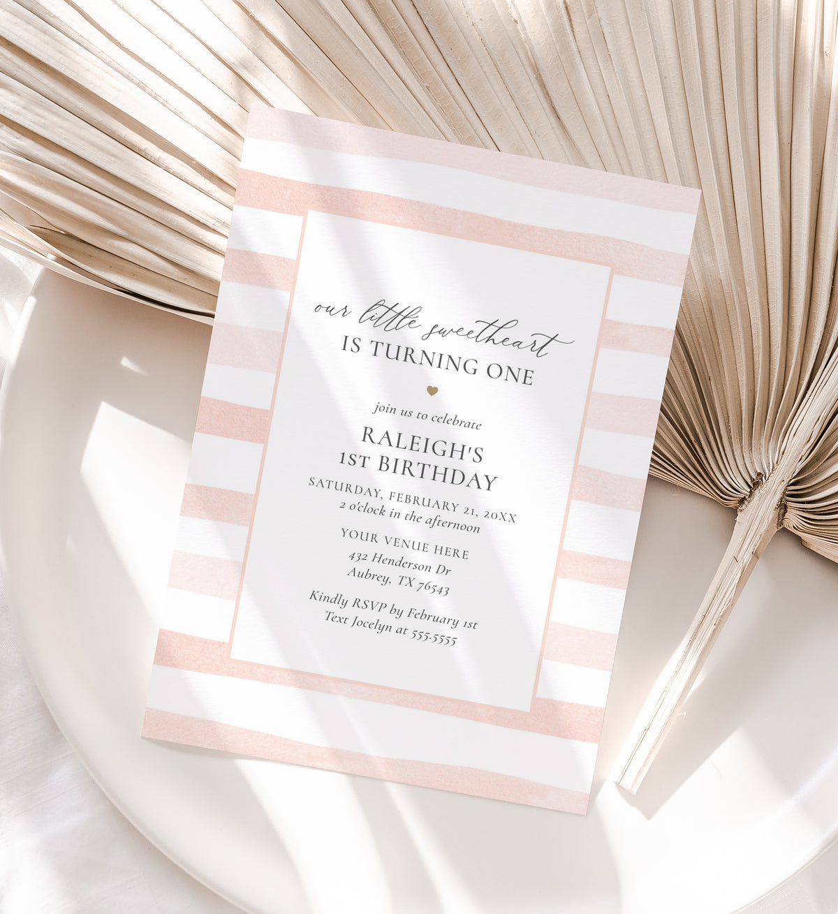 Pink Watercolor Stripe Little Sweetheart Birthday Invitation