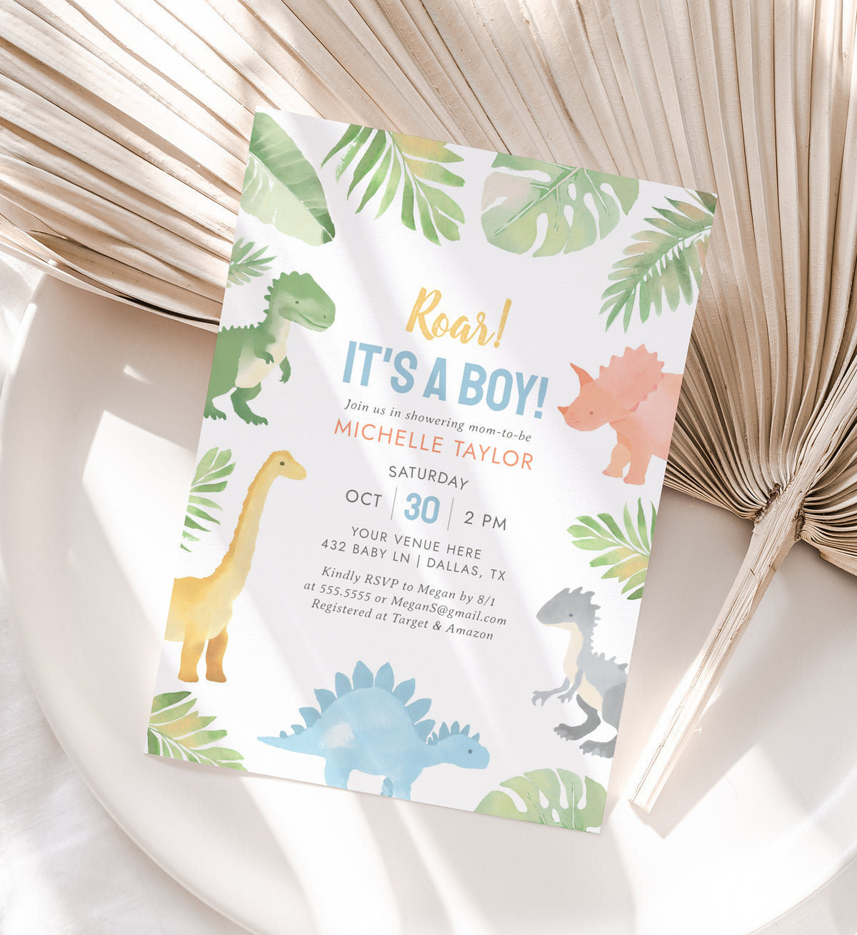 Watercolor Dinosaur Baby Shower Invitation Template