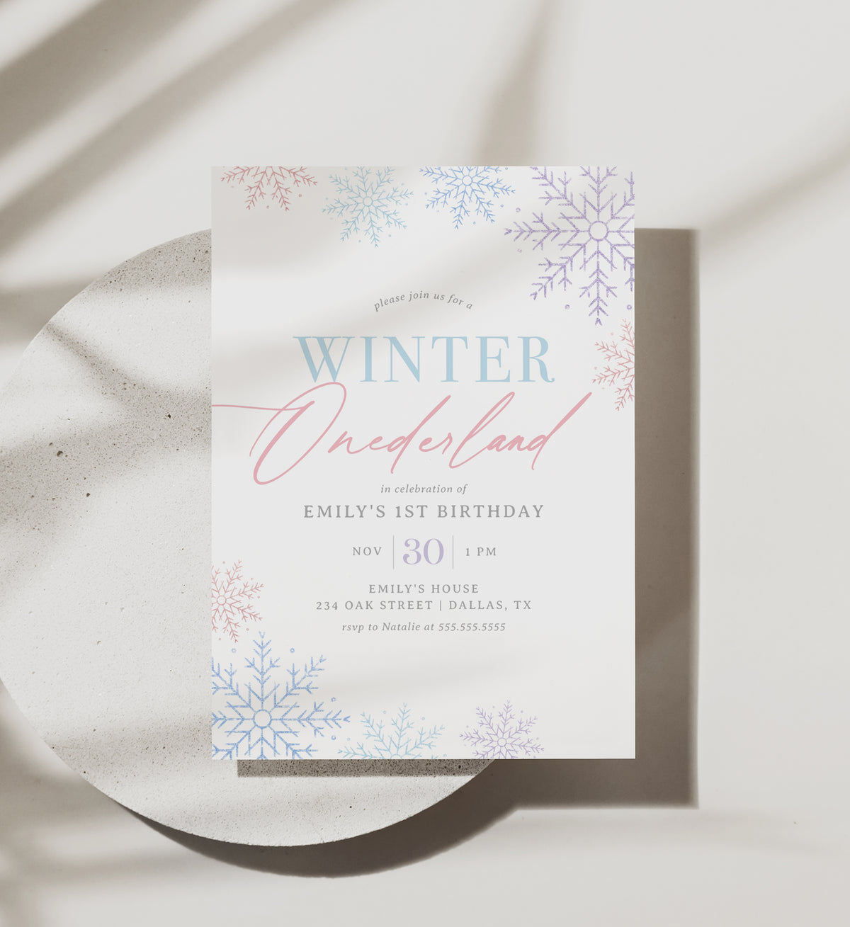 Editable Winter Onederland Snowflake Birthday Invitation Template