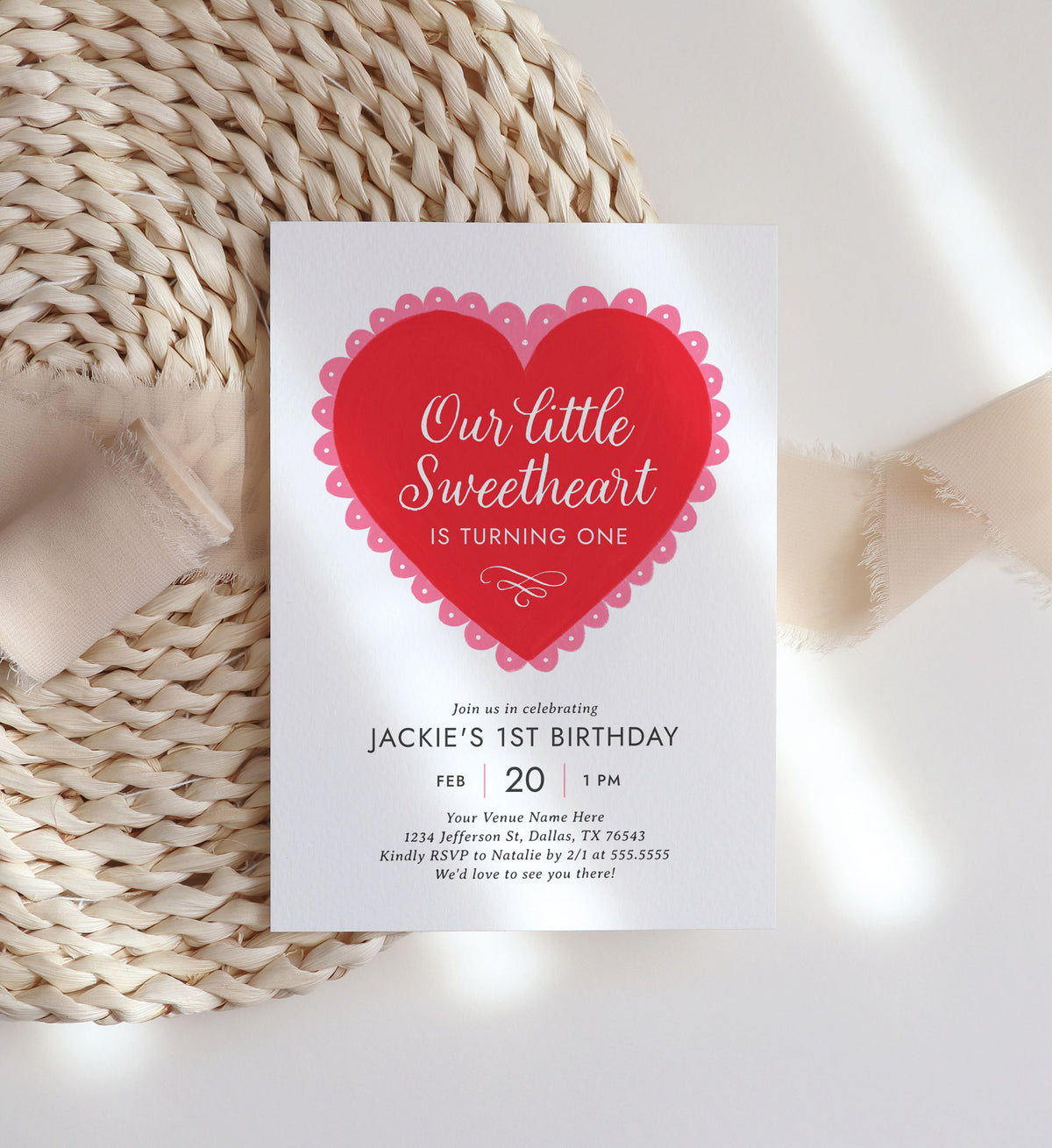 Little Sweetheart Red Lace Heart Birthday Invitation