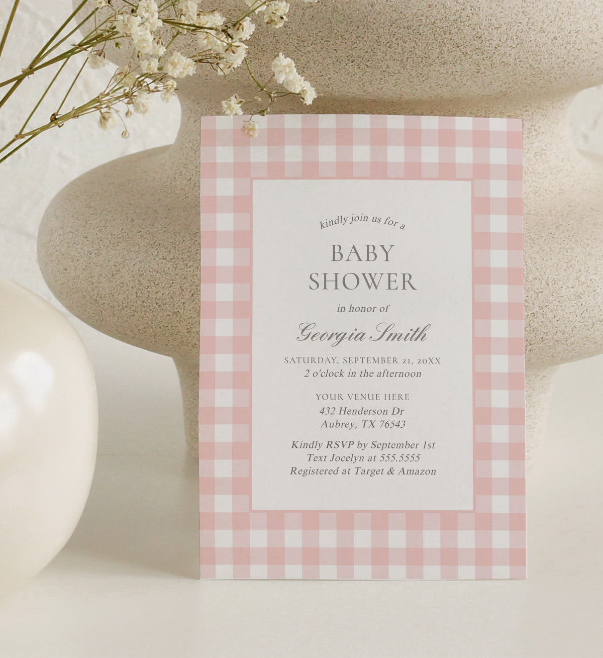 Editable Pink Gingham Baby Shower Invitation Template