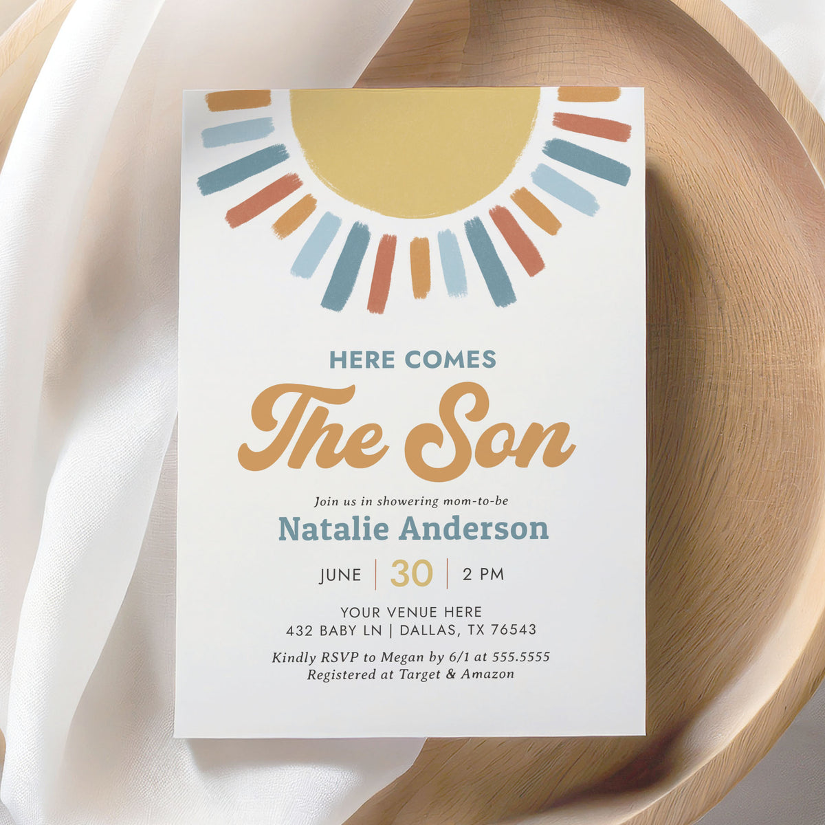 Retro Here Comes the Son Baby Shower Invitation Template