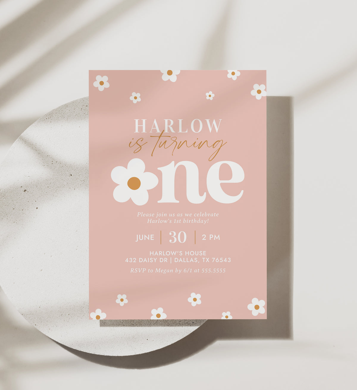 Editable Pink Daisy 1st Birthday Invitation Template
